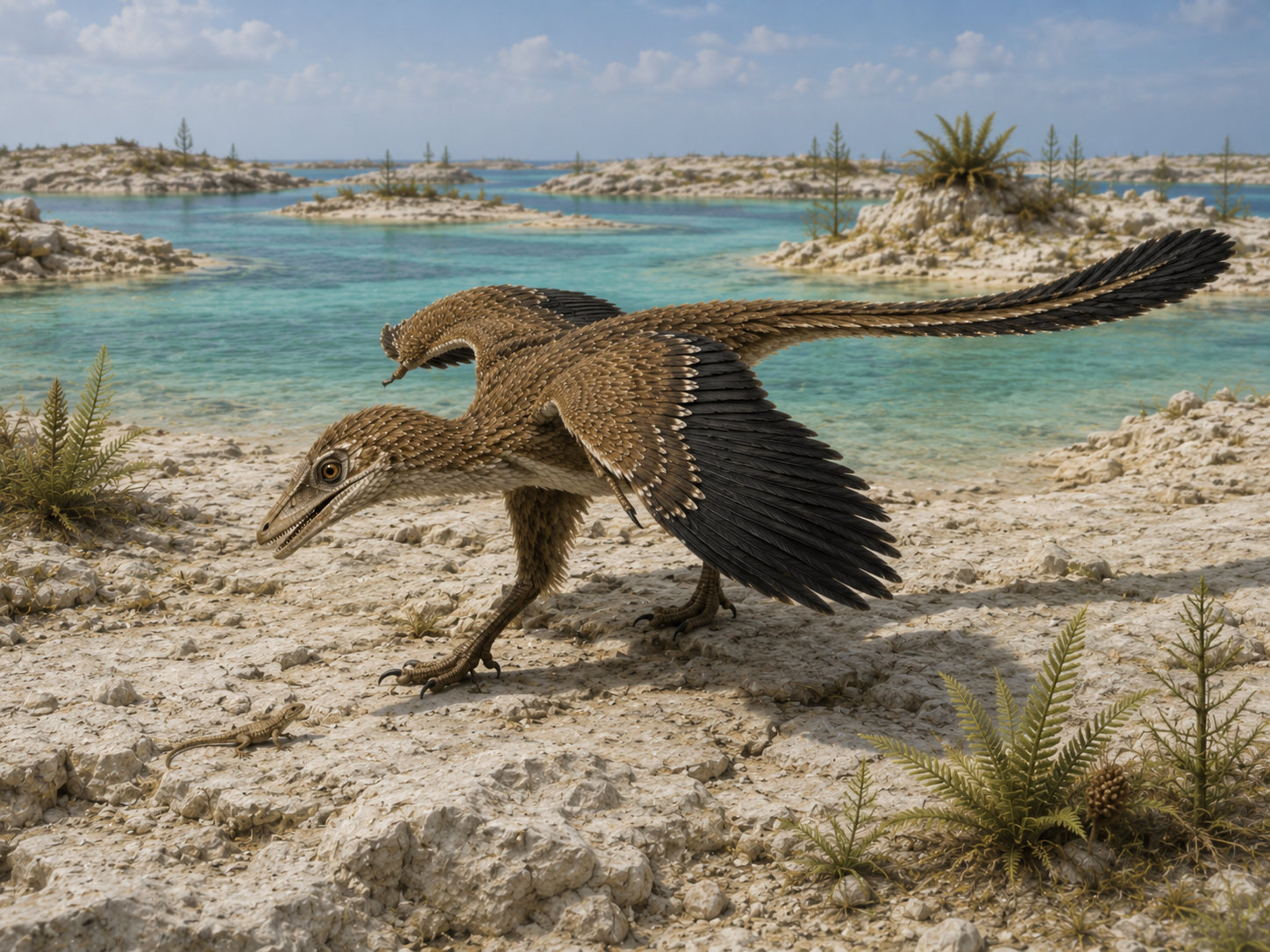 Archaeopteryx lithographica chassant un insecte dans les buissons bas de l'archipel de Solnhofen