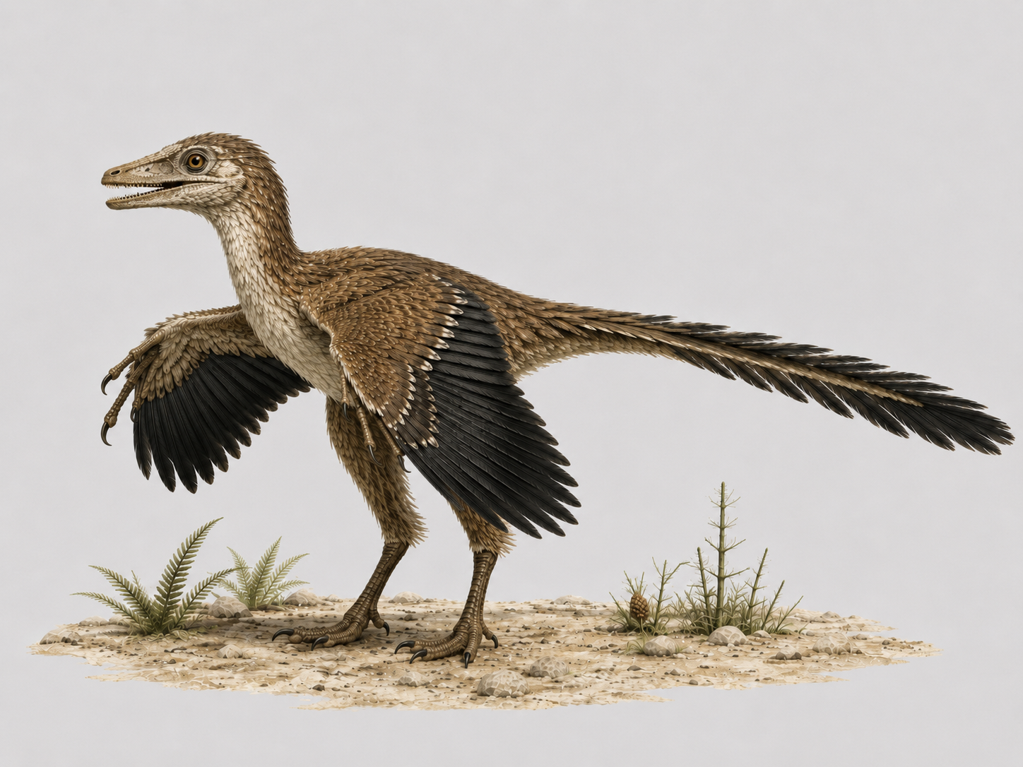 Archaeopteryx lithographica reconstitution de profil en vue latérale, plumes asymétriques, griffes aux ailes, dents et longue queue osseuse