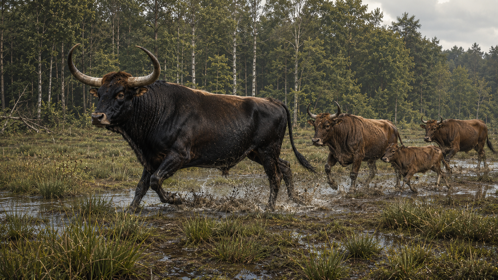 Groupe d'aurochs (Bos primigenius) en fuite dans un paysage forestier européen