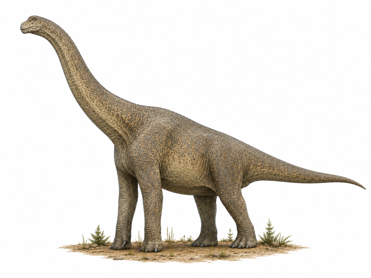 Brachiosaurus altithorax reconstitution en vue latérale, membres antérieurs nettement plus longs que les membres postérieurs, trait distinctif du genre