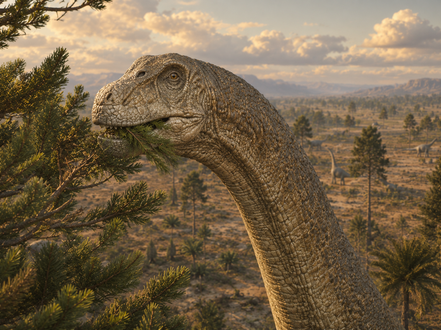 Tête de Brachiosaurus altithorax s'alimentant dans les cimes des conifères, dents en spatule visibles
