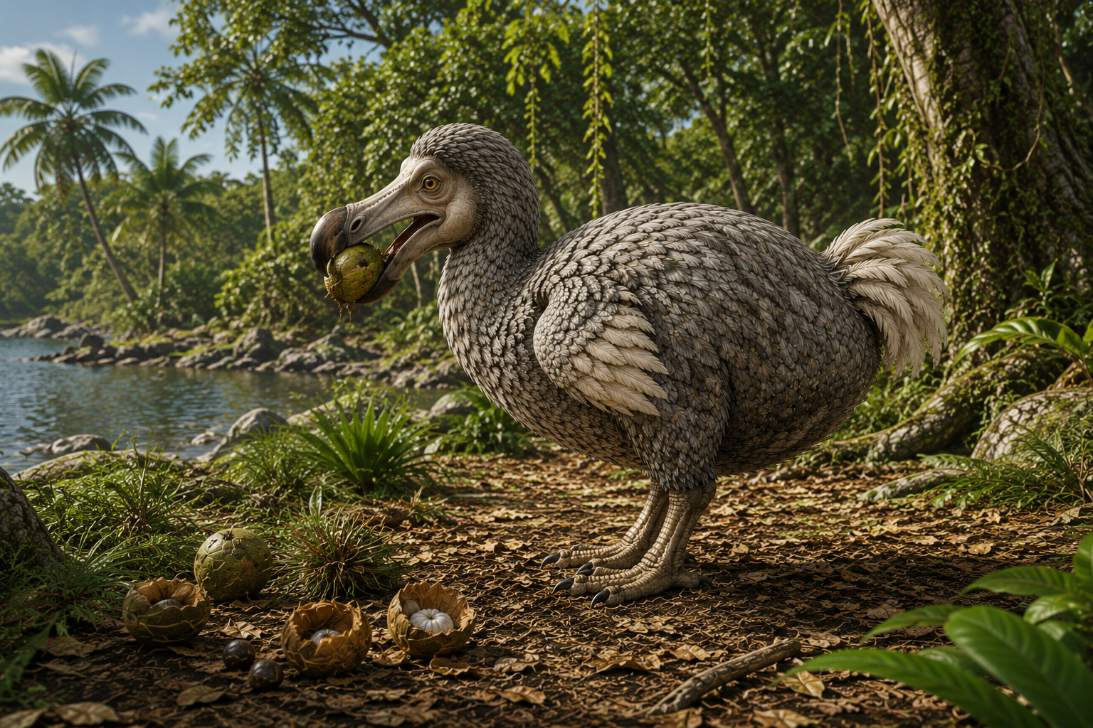 Dodo au bord d'un cours d'eau de l'île Maurice, tenant un fruit dans son bec.