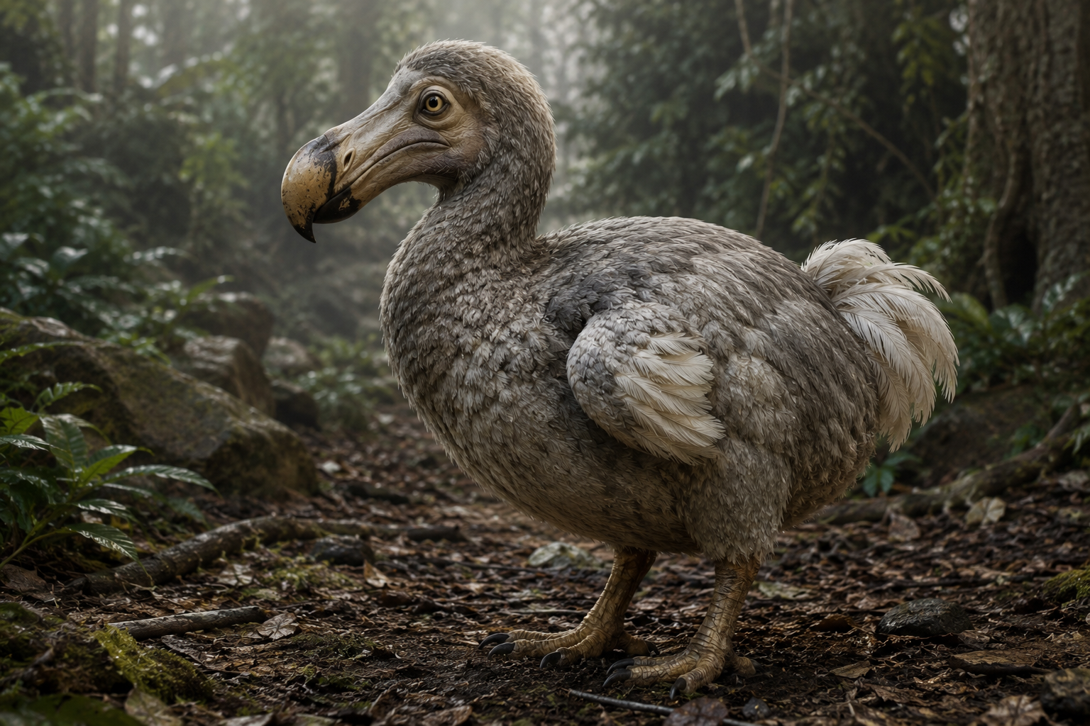 Un dodo dans la brume d'une forêt tropicale de l'île Maurice