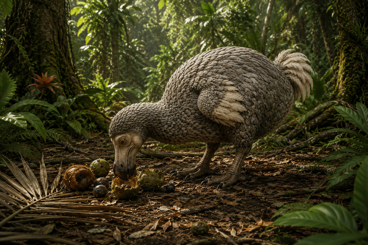 Dodo se penchant pour manger des fruits tombés sur le sol de la forêt tropicale.