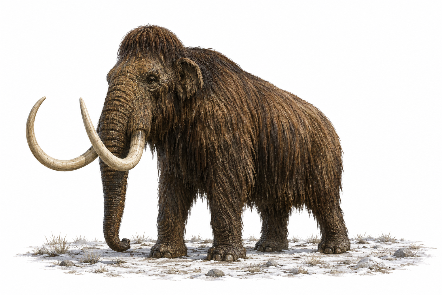 Vue de profil d'un mammouth laineux montrant sa bosse dorsale caractéristique, ses petites oreilles et sa longue toison