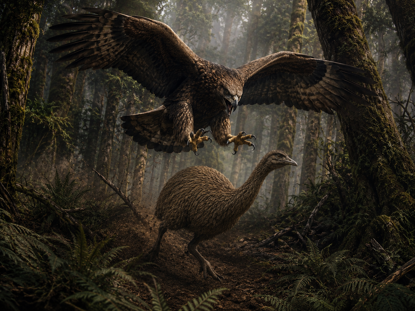 Le Haast's Eagle (Hieraaetus moorei) attaquant un moa dans les forêts néo-zélandaises