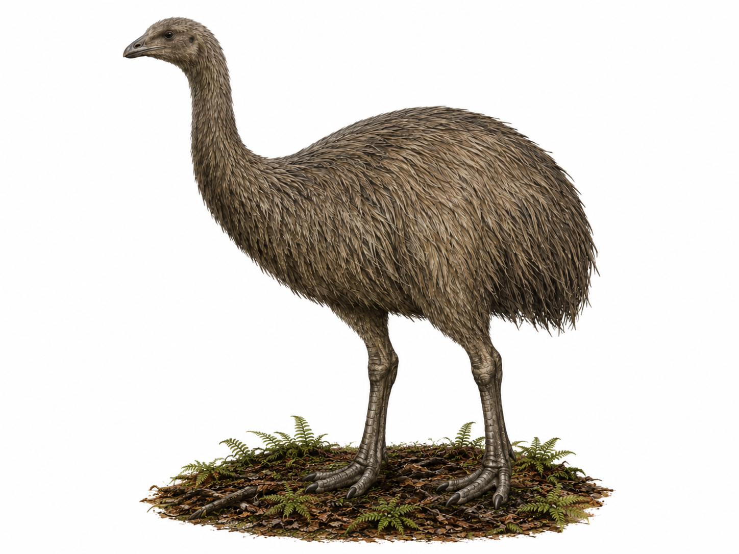 Moa du Bush (Anomalopteryx didiformis) reconstitution montrant l'absence totale d'os alaires et la silhouette compacte caractéristique de la forêt dense