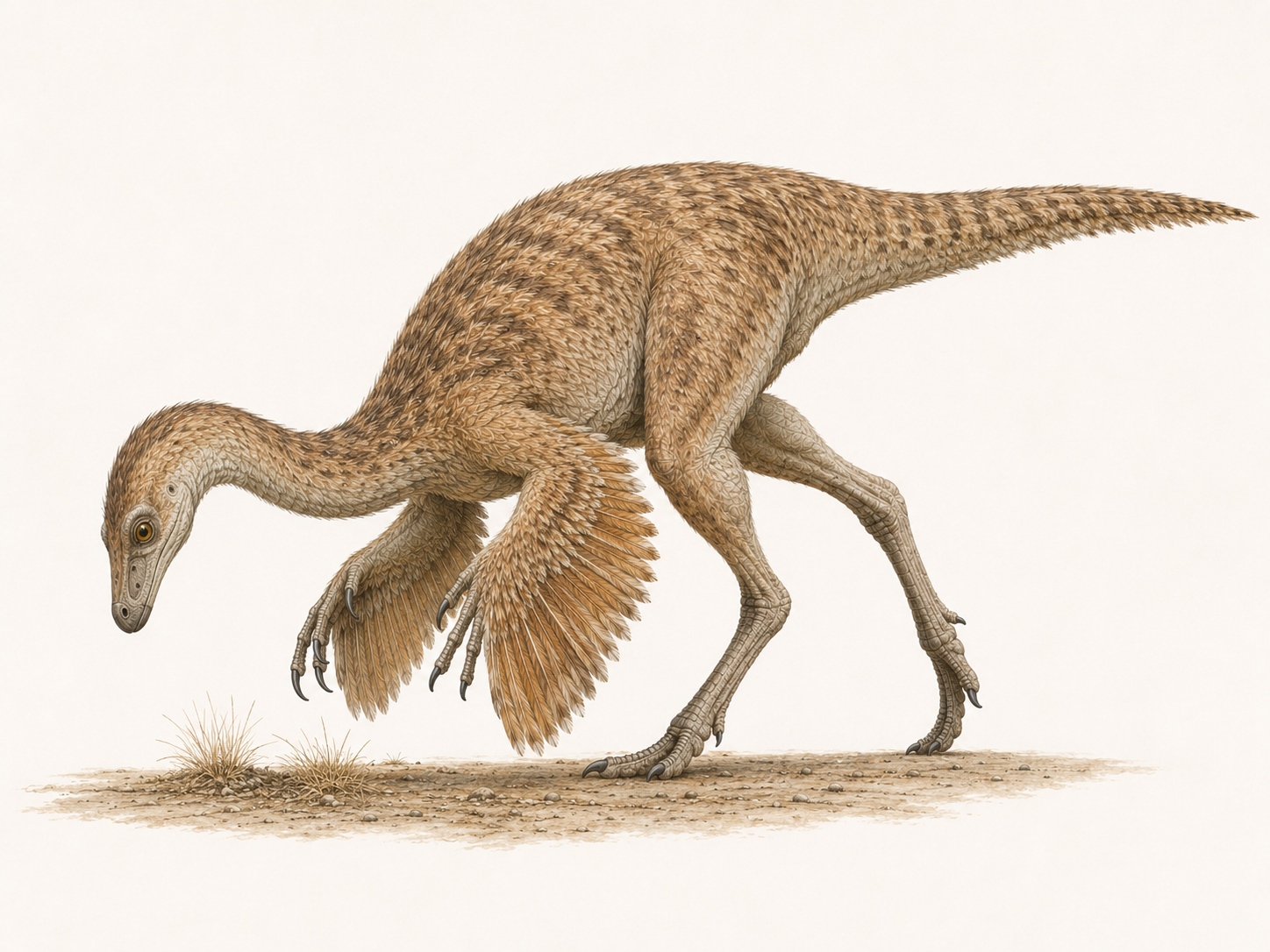 Reconstitution de trois à quatre Gallimimus bullatus dans les plaines semi-arides de la formation de Nemegt, illustrant leur probable comportement grégaire