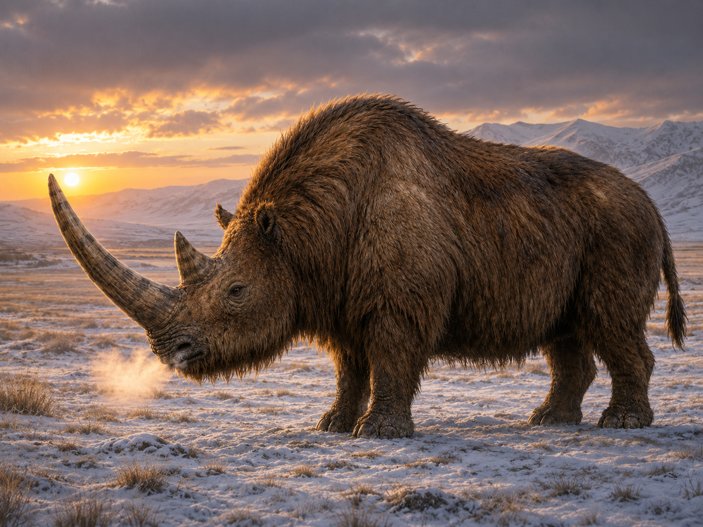 Rhinocéros laineux dans la steppe enneigée au crépuscule, souffle de vapeur visible dans l'air glacé, montagnes enneigées à l'horizon