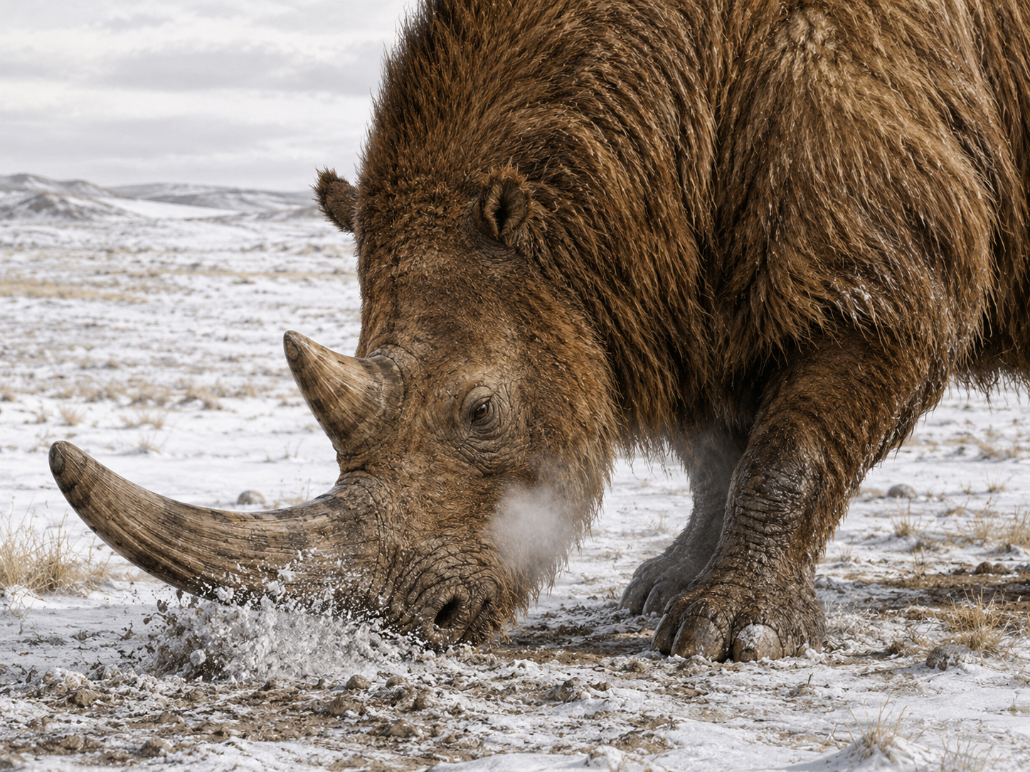 Gros plan sur la tête d'un rhinocéros laineux utilisant sa corne antérieure aplatie pour gratter la neige et accéder à la végétation enfouie