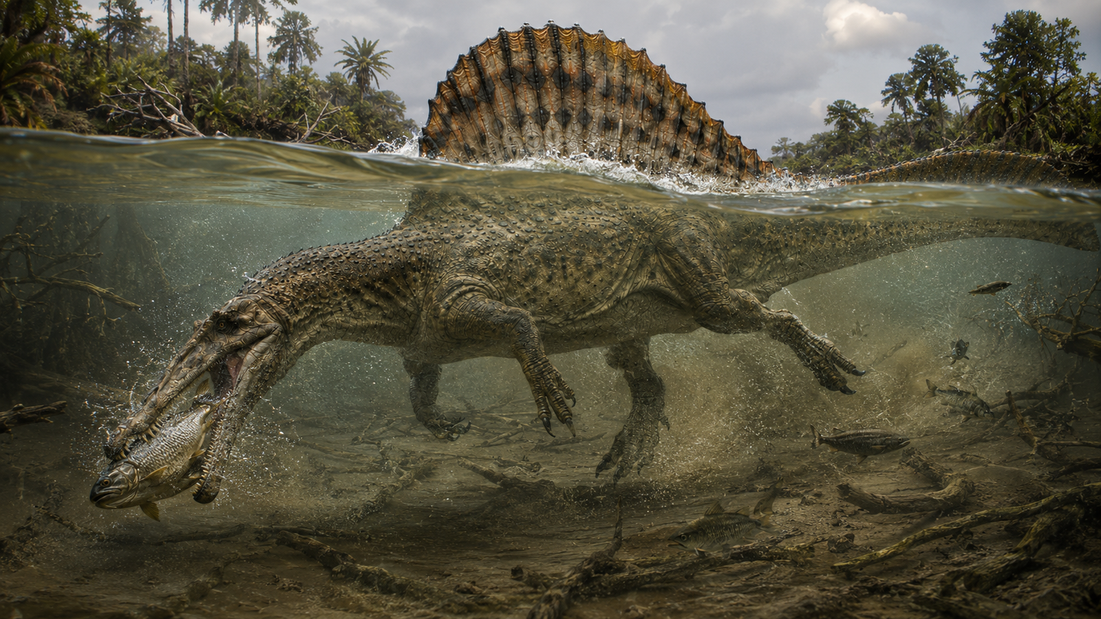 Spinosaurus aegyptiacus chassant dans les eaux du delta de la Formation Kem Kem, Crétacé supérieur