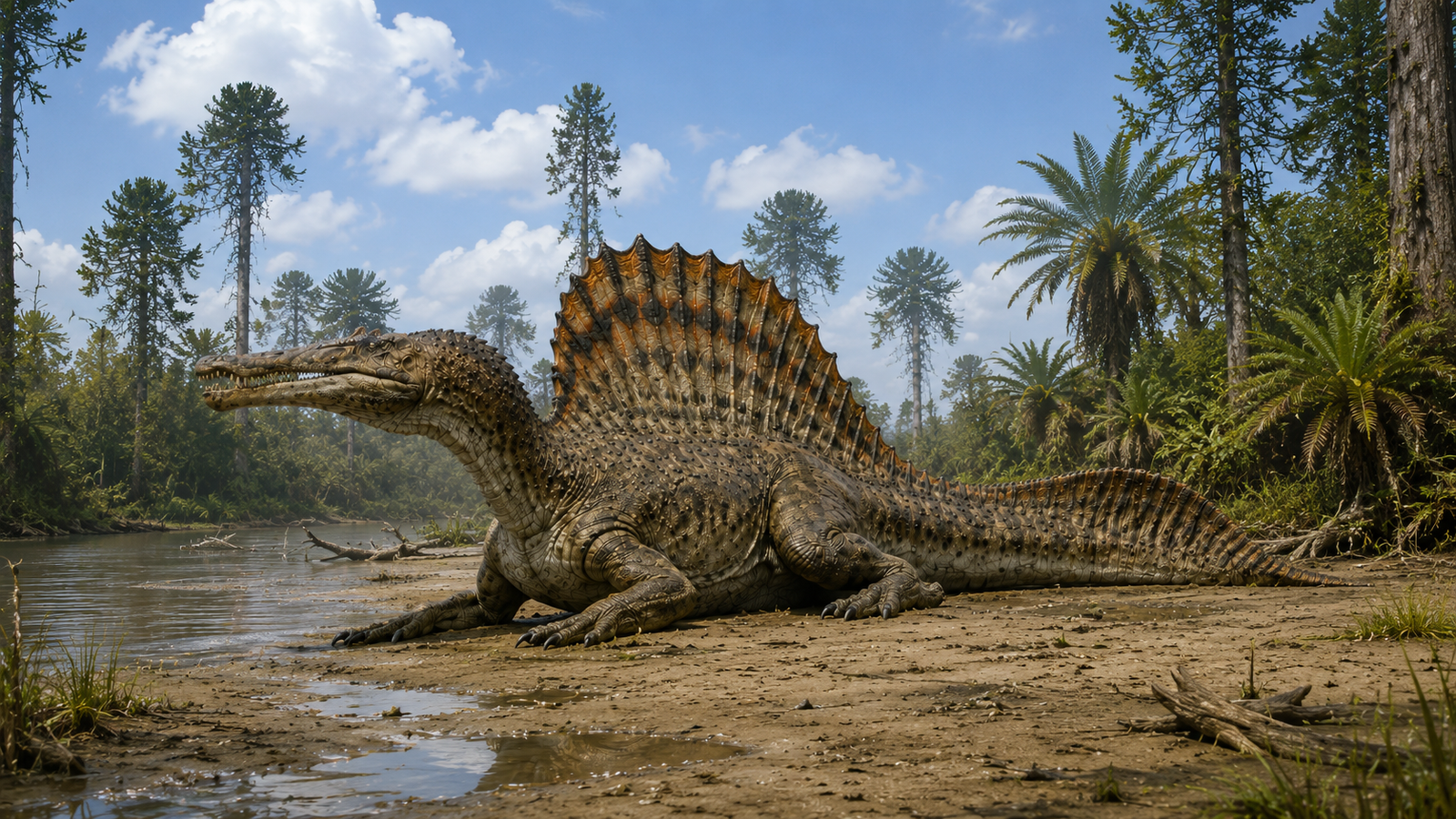 Spinosaurus aegyptiacus au bord d'un fleuve du Crétacé