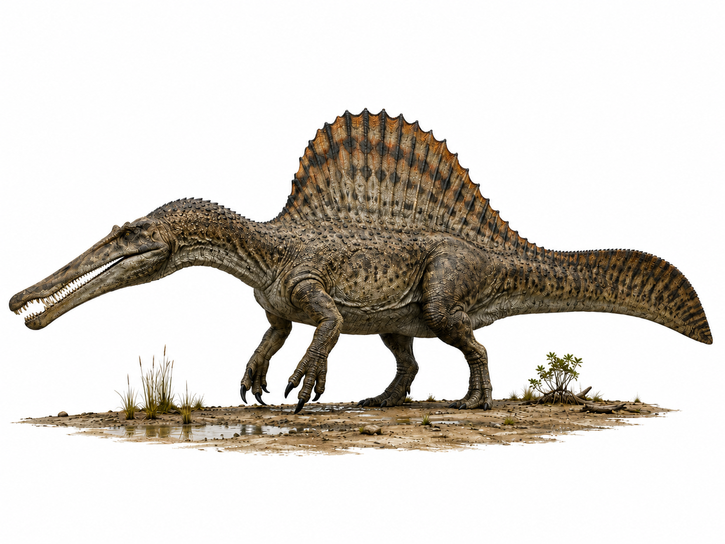 Spinosaurus aegyptiacus reconstitution anatomique en vue latérale, Ibrahim et al. 2020 : voile dorsale, membres postérieurs courts, museau longiligne crocodilien