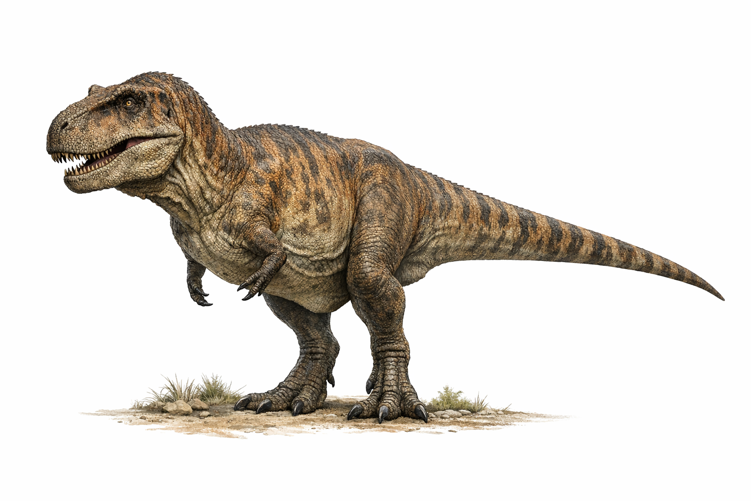 Reconstruction scientifique de Tarbosaurus bataar de profil, montrant sa silhouette complète et ses membres antérieurs réduits