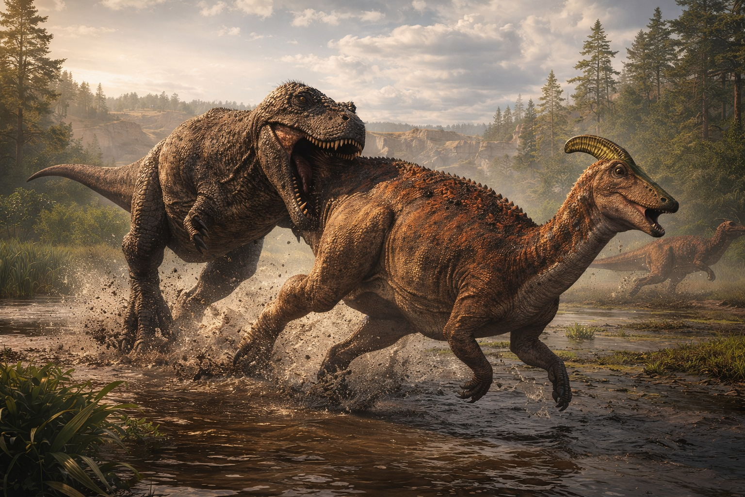 Tarbosaurus bataar en train de chasser un Saurolophus angustirostris dans une rivière du Crétacé supérieur