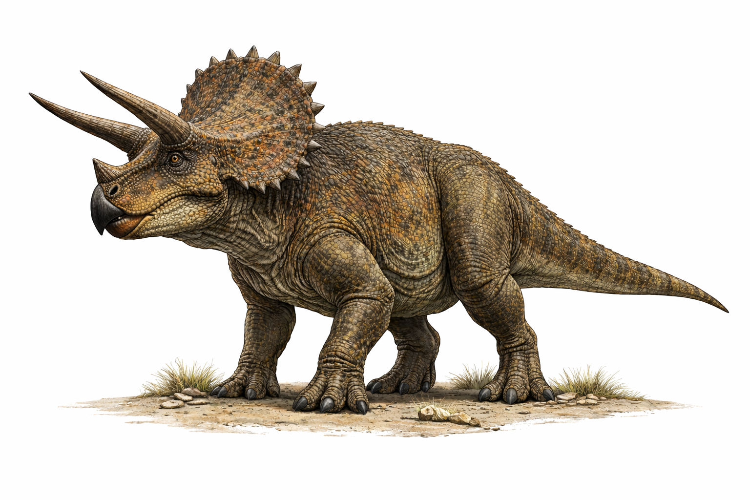 Reconstruction scientifique de Triceratops horridus de profil, montrant le bec corné, les trois cornes et la collerette