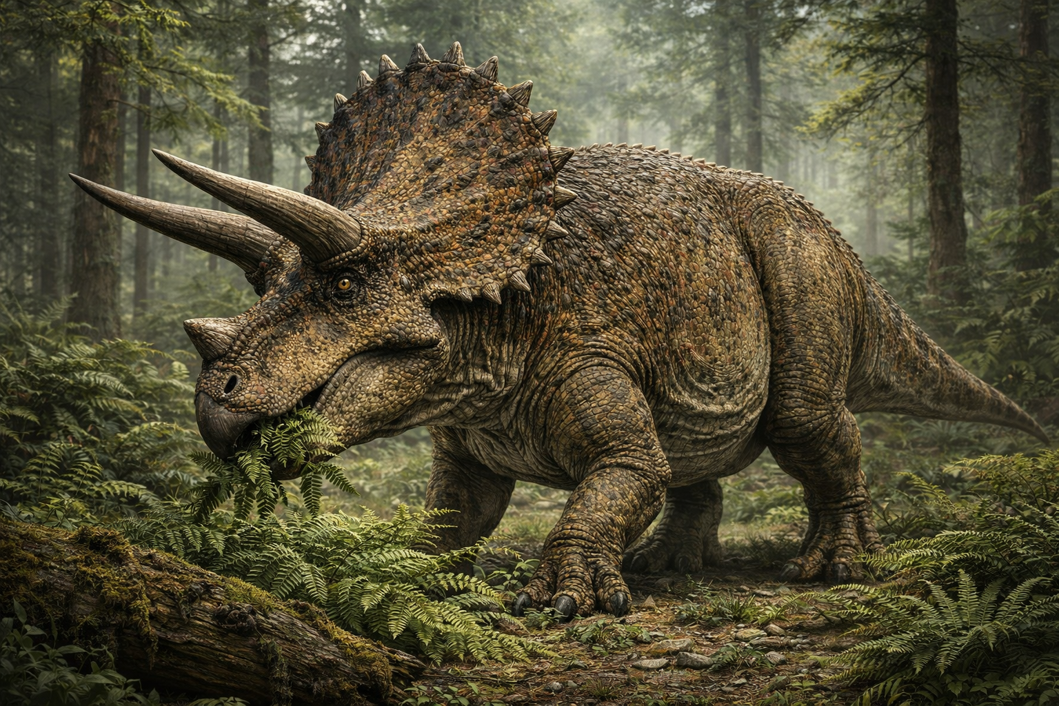 Triceratops horridus broutant des fougères dans une forêt de conifères du Crétacé supérieur