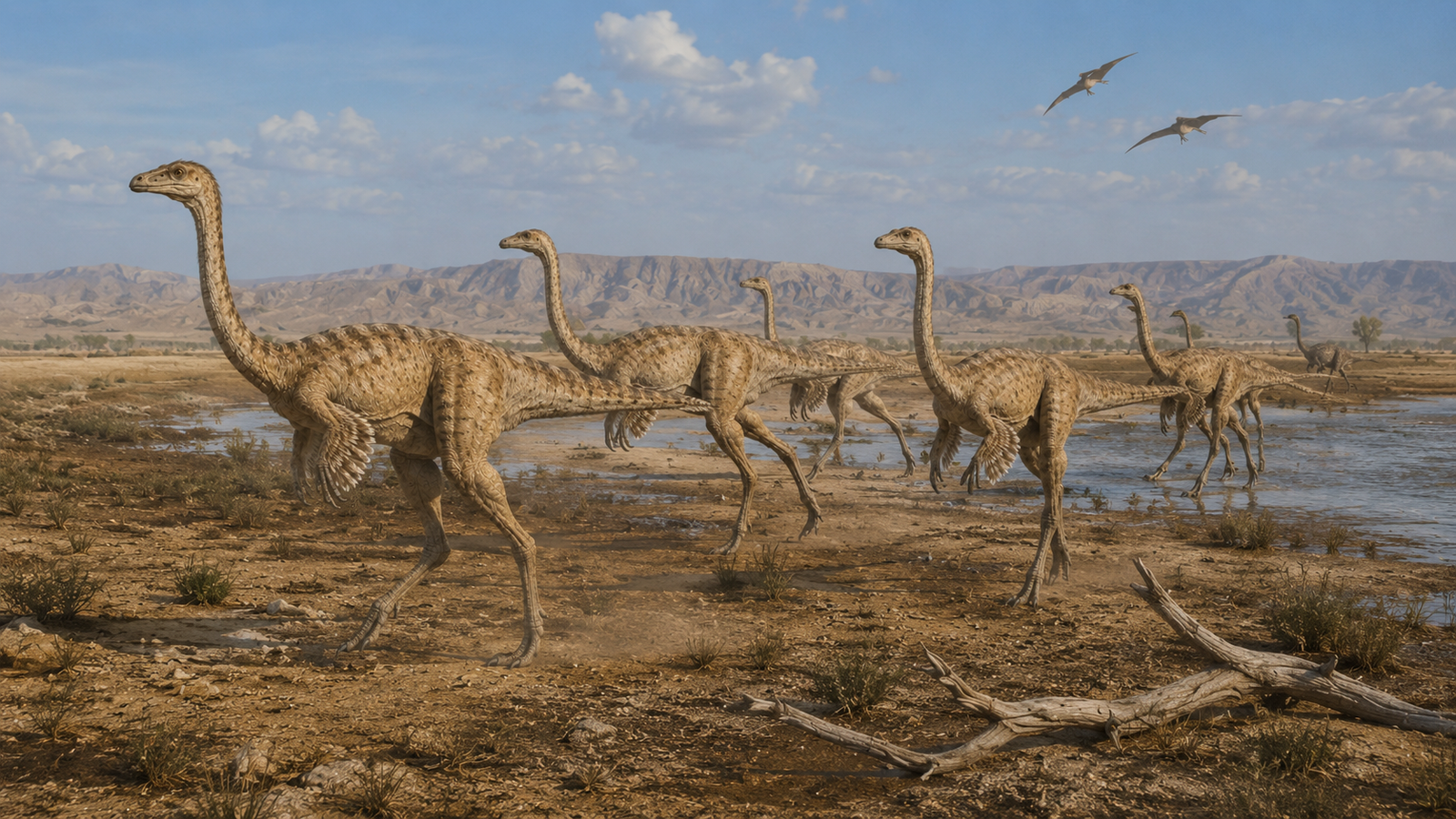 Troupeau de Gallimimus bullatus en déplacement rapide dans une plaine du Crétacé supérieur, illustrant leur probable comportement grégaire