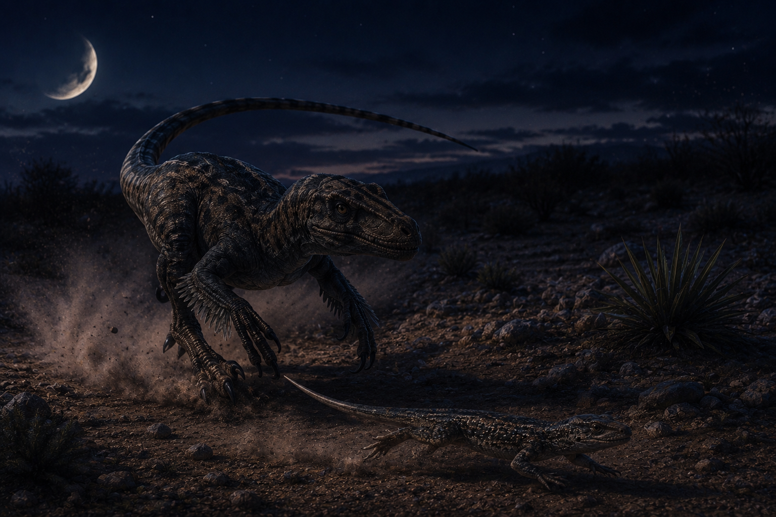 Reconstitution d'un Velociraptor mongoliensis à la chasse au crépuscule dans le désert de Gobi, ses grands yeux adaptés à la faible luminosité