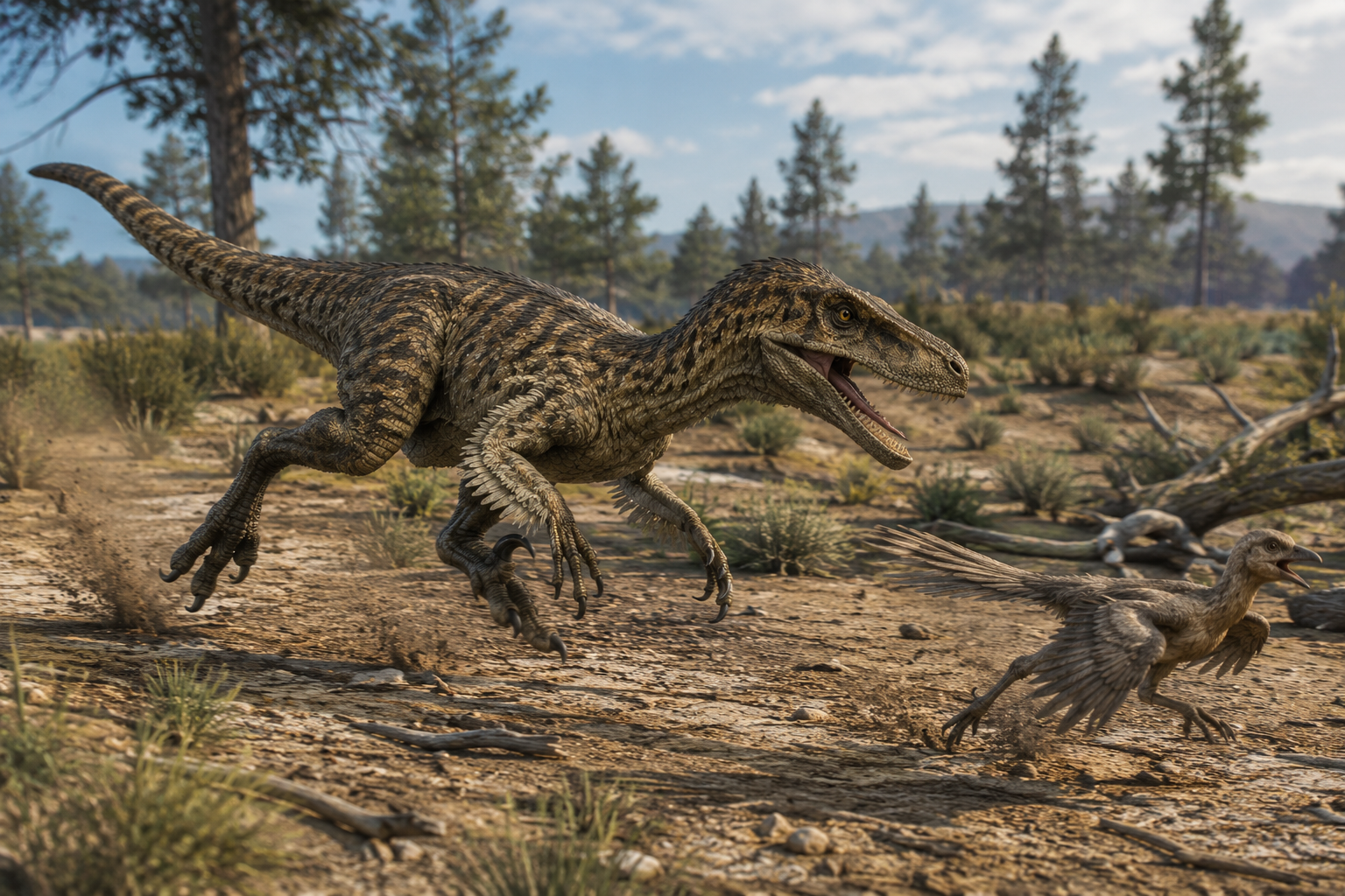 Reconstitution d'un Velociraptor mongoliensis en pleine chasse dans le désert de Gobi, bondissant sur une proie avec sa griffe en faucille déployée