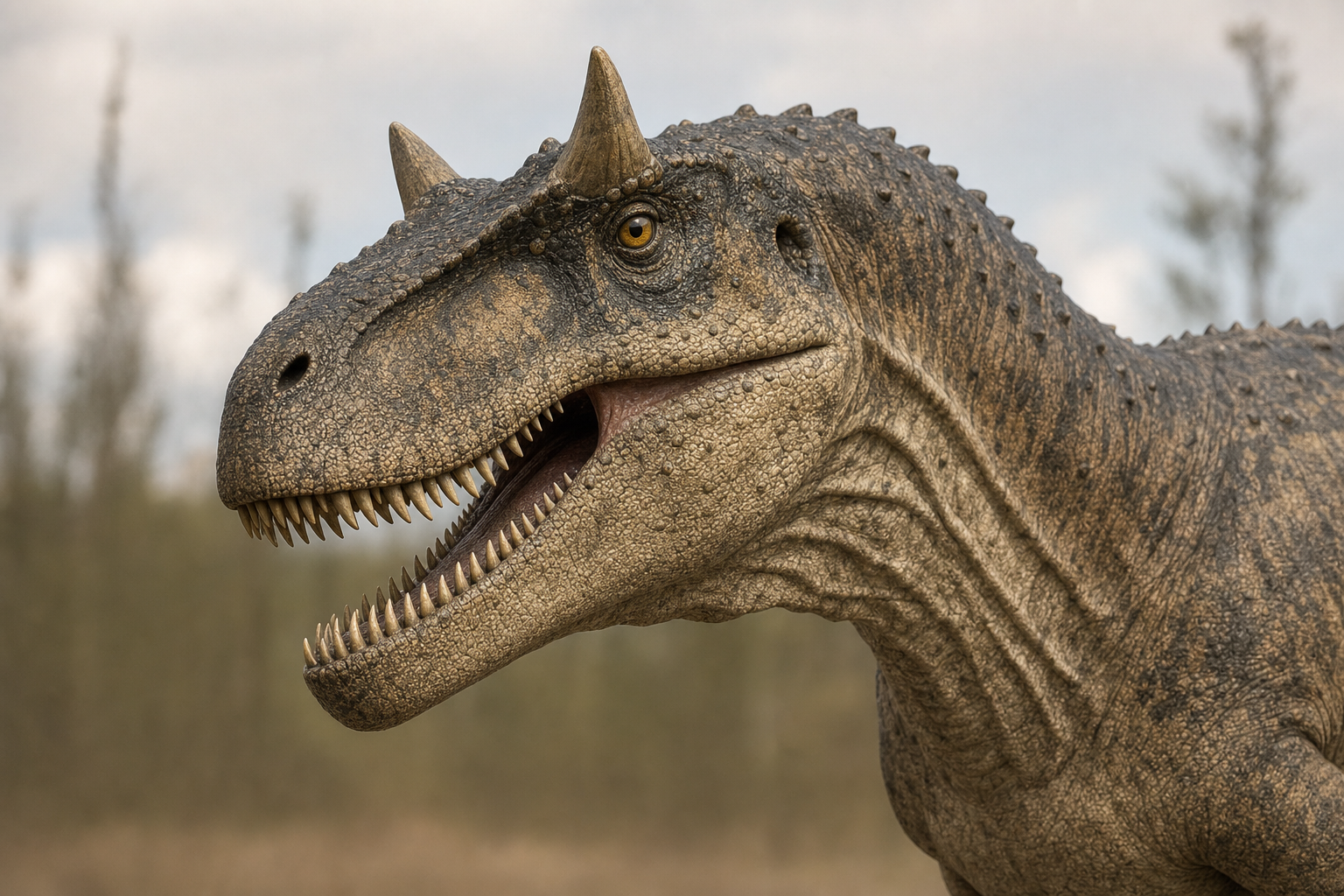 Gros plan sur la tête d'un Allosaurus montrant les deux petites cornes au-dessus des yeux et la gueule armée de dents acérées