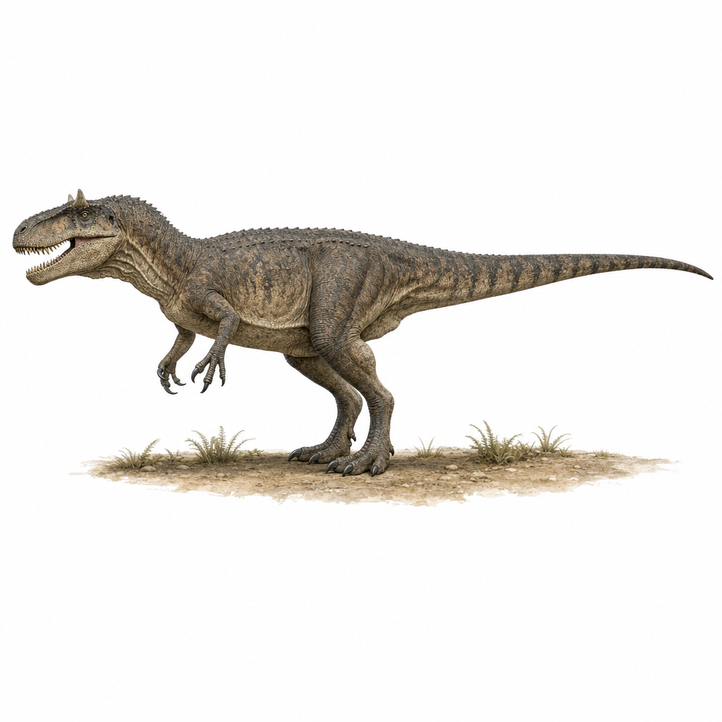 Reconstitution d'un Allosaurus fragilis de profil sur ses deux pattes, gueule entrouverte, montrant les petites cornes au-dessus des yeux et ses trois doigts griffus, dans un paysage du Jurassique supérieur