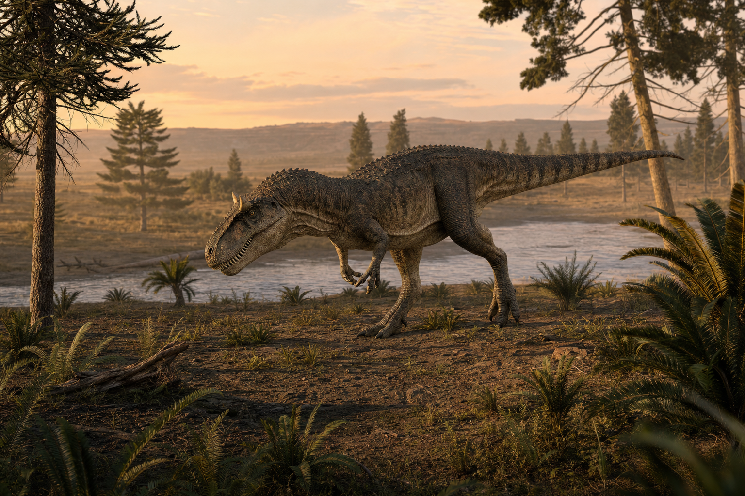 Reconstitution d'un Allosaurus à l'affût dans une plaine de la Formation de Morrison au Jurassique supérieur, au crépuscule