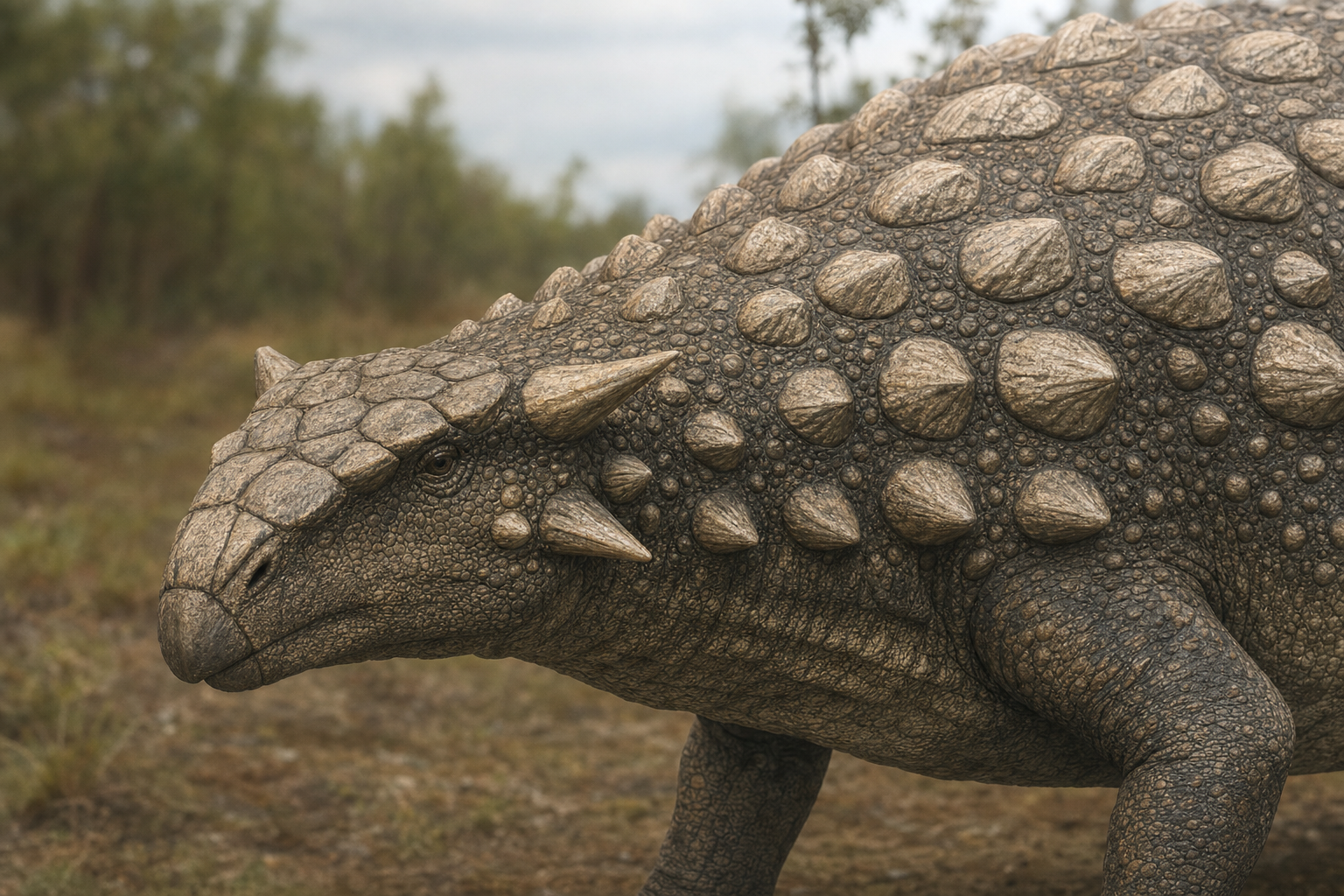 Gros plan sur le dos et la tête cuirassés d'un Ankylosaurus, montrant les rangées de plaques osseuses carénées, les petits nodules et le crâne bardé de plaques soudées