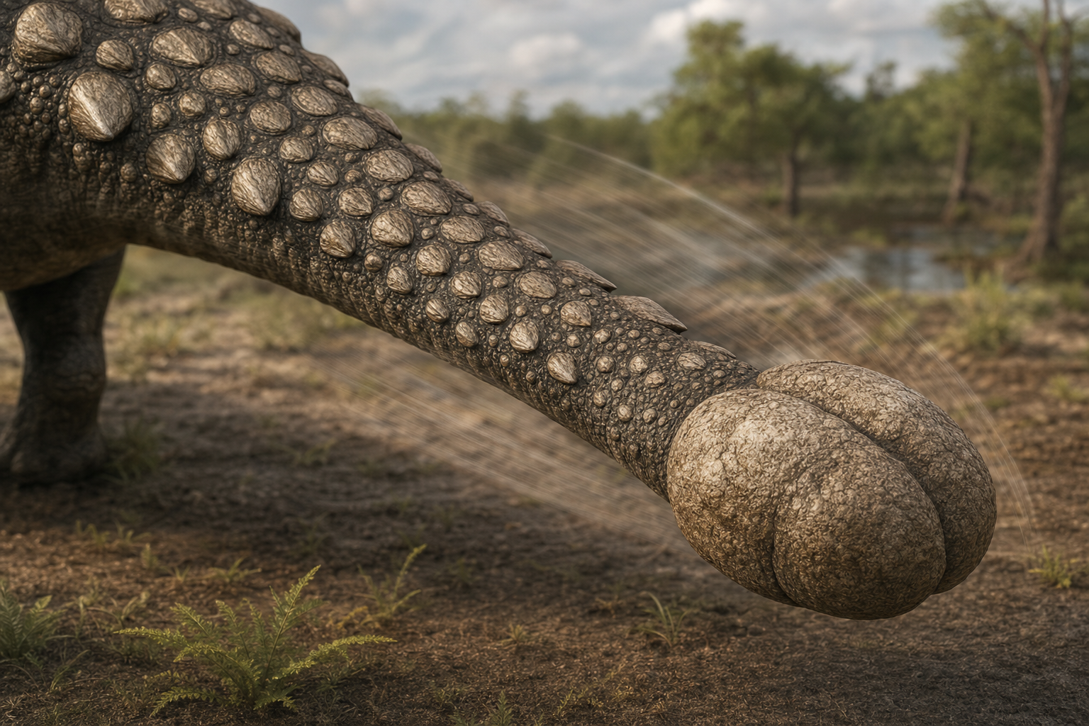 Gros plan sur la massue caudale de l'Ankylosaurus : un renflement osseux massif formé de plaques soudées au bout d'une queue raidie