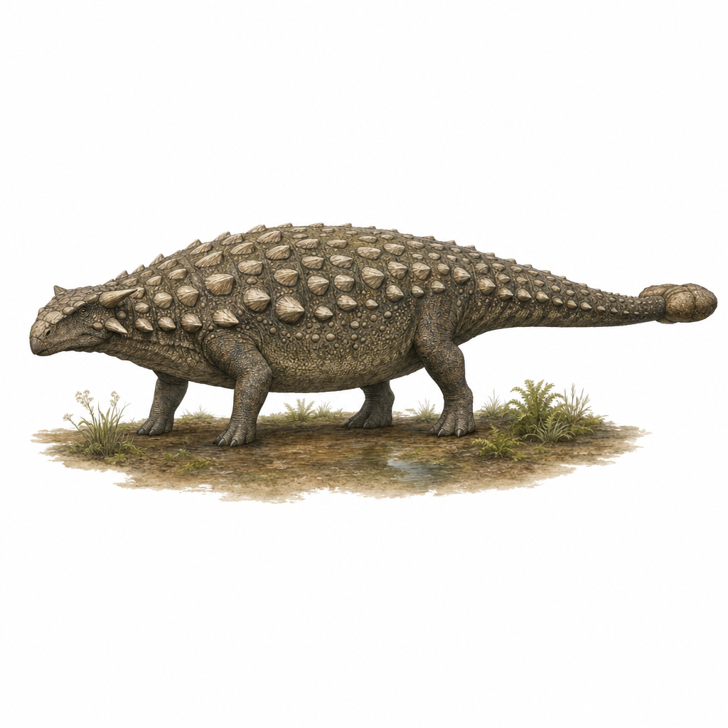 Reconstitution d'un Ankylosaurus magniventris de profil sur ses quatre pattes courtes et massives, le dos couvert de plaques osseuses et la queue terminée par une lourde massue, dans un paysage de Hell Creek à la fin du Crétacé
