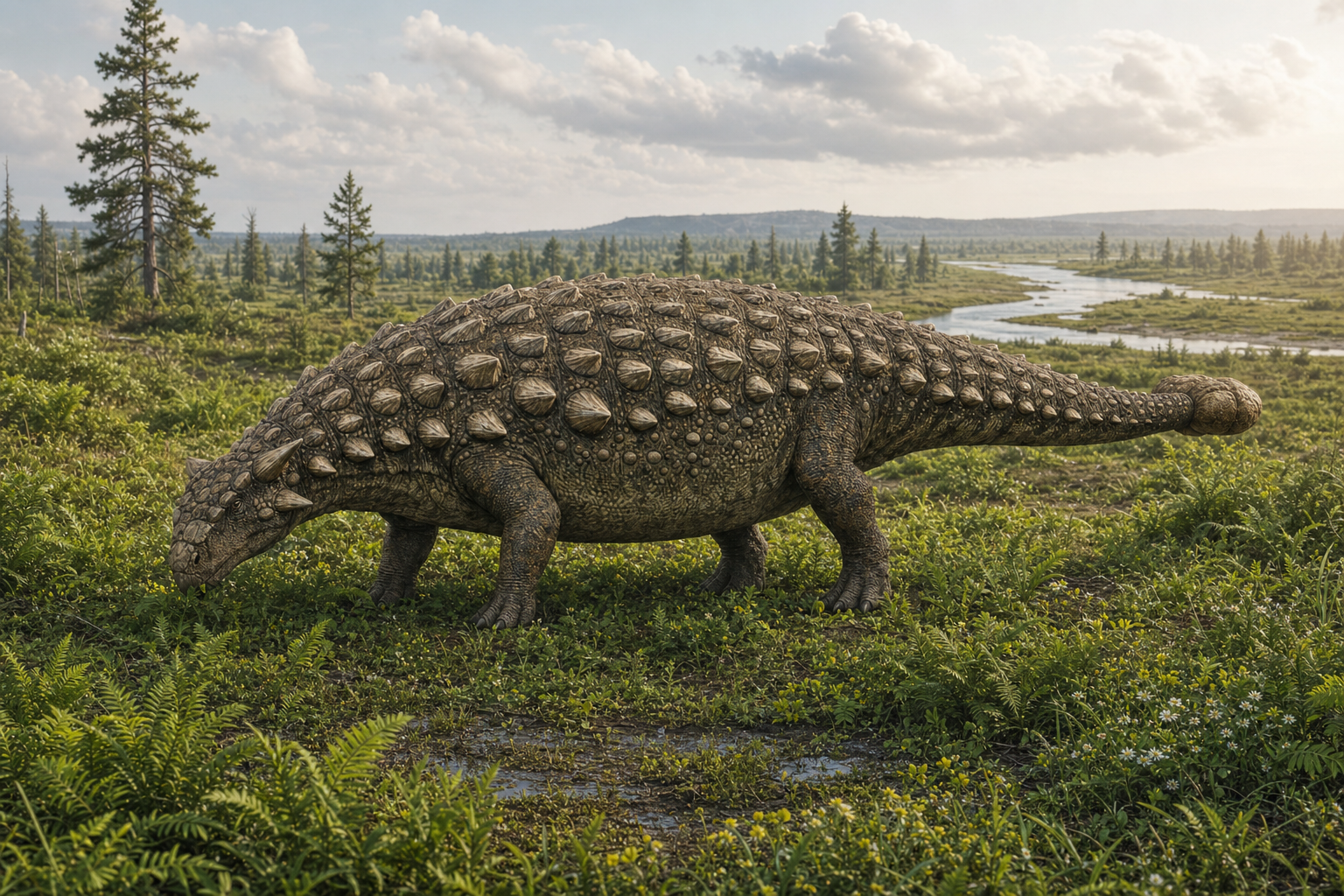 Un Ankylosaurus broutant dans une plaine humide de Hell Creek