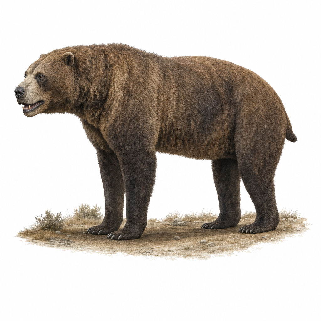 Reconstitution d'un Arctodus simus, ours géant à face courte, de profil sur ses quatre longues pattes, museau large, dans un paysage d'Amérique du Nord au Pléistocène