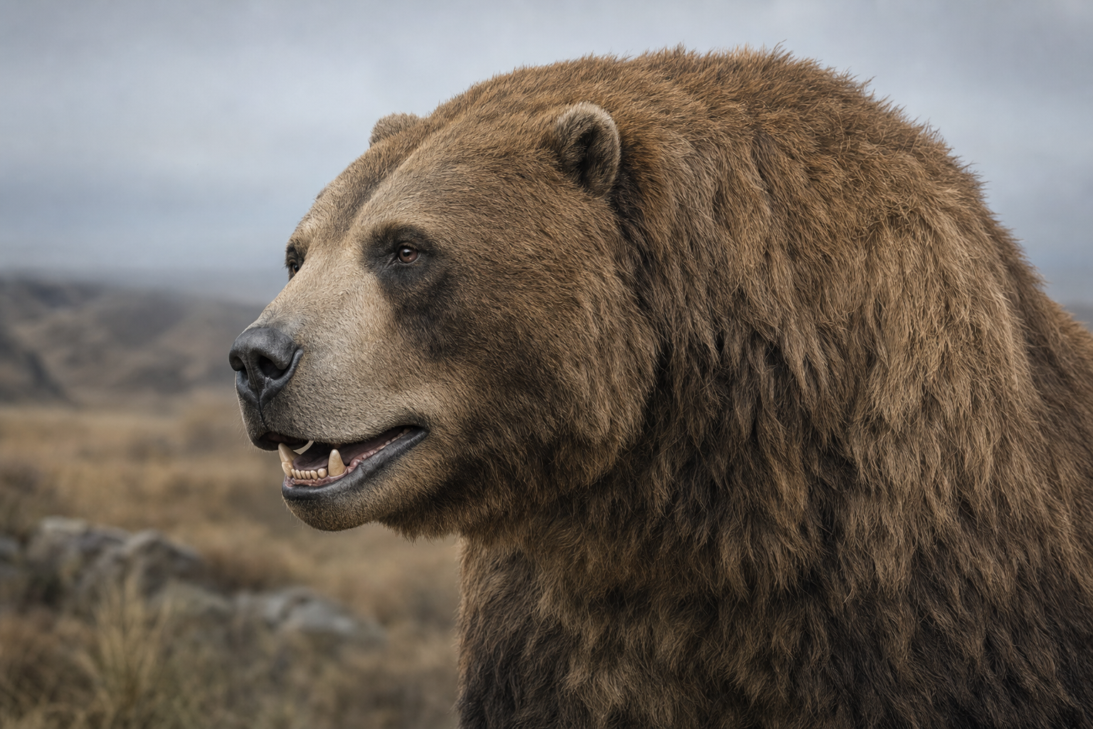 Gros plan sur la tête d'un Arctodus simus montrant son museau large et haut et son air massif