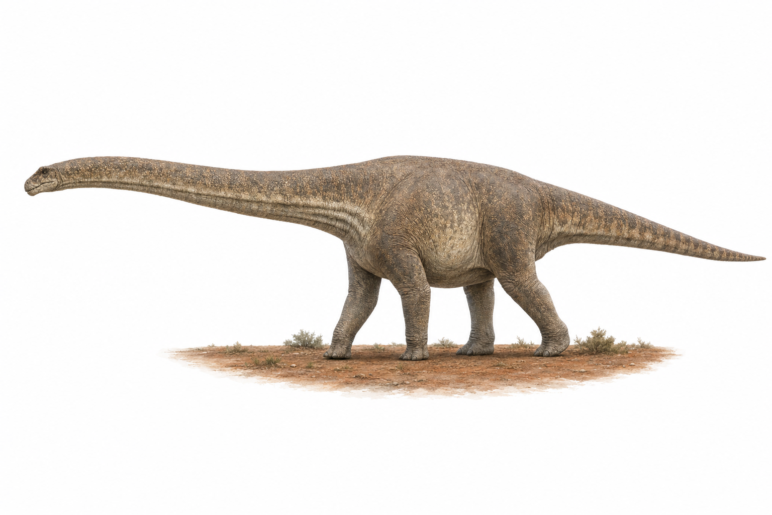 Reconstitution d'un Argentinosaurus huinculensis, gigantesque dinosaure sauropode au très long cou et à la longue queue, marchant dans une plaine de Patagonie au Crétacé supérieur