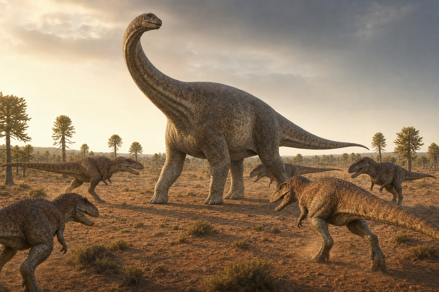 Un troupeau d'Argentinosaurus adultes et juvéniles traversant une vaste plaine de Patagonie au Crétacé supérieur, dans une lumière chaude de fin de journée