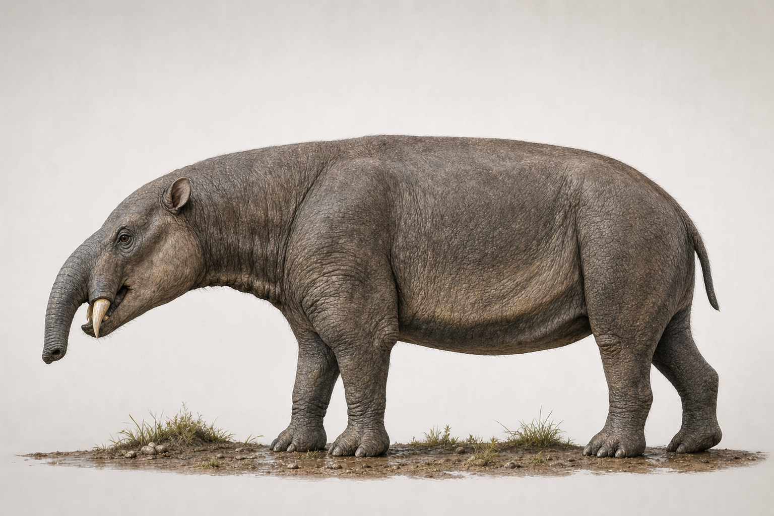 Reconstitution de profil de l'Astrapotherium, mammifère trapu au corps d'hippopotame, portant une courte trompe et de grandes défenses, sur une berge boueuse