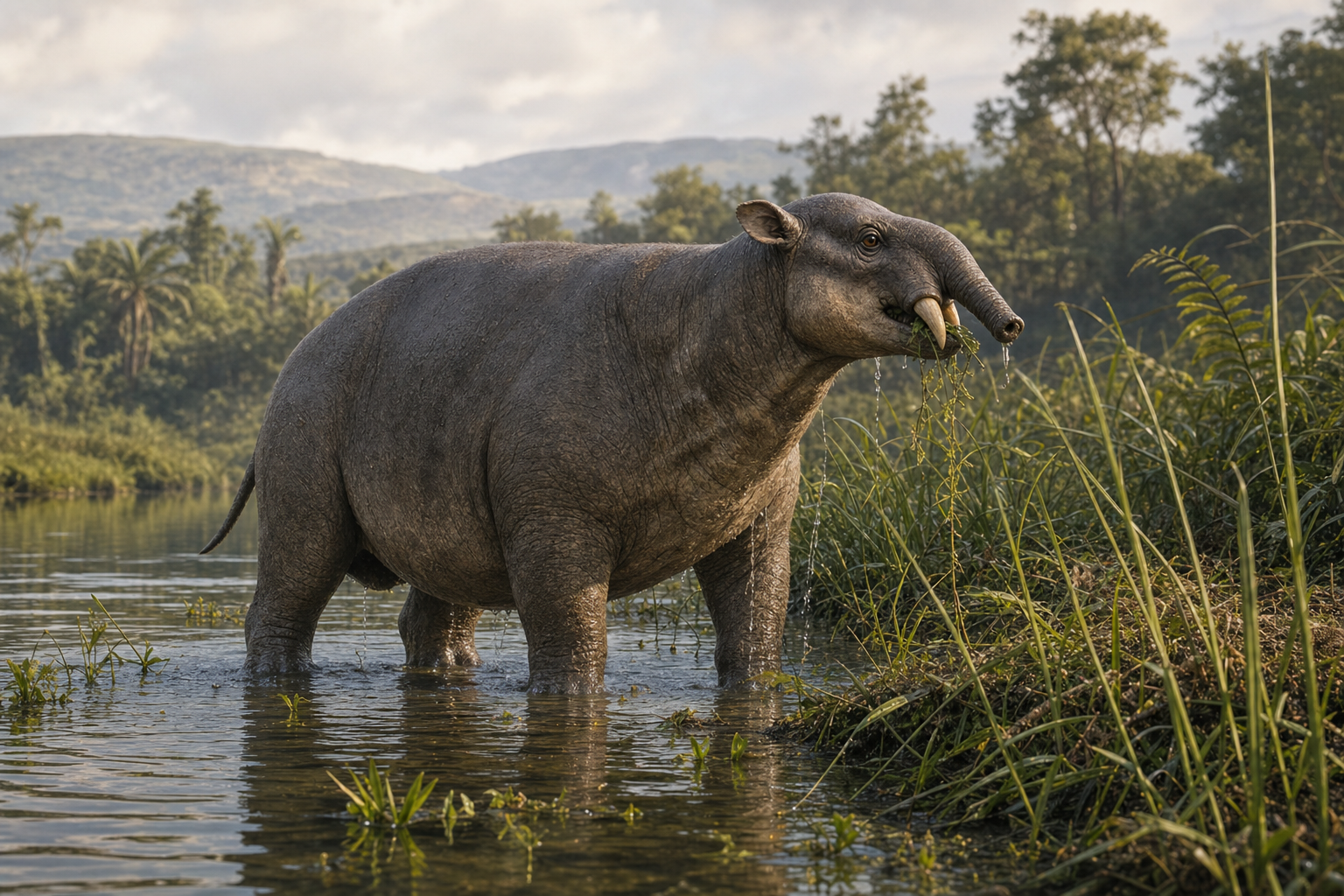 Un Astrapotherium à demi immergé dans une rivière d'une zone humide boisée du Miocène sud-américain