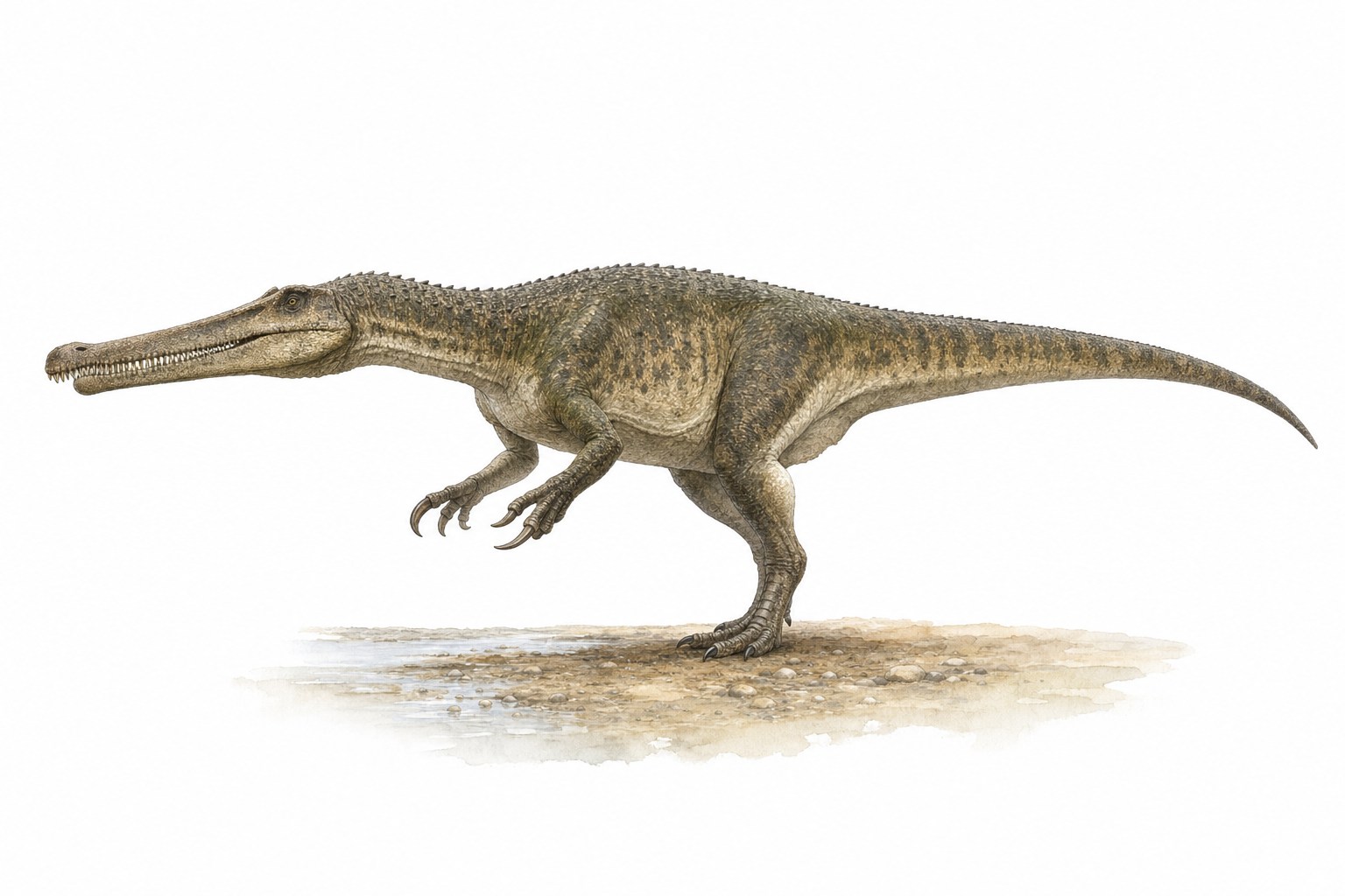 Baryonyx walkeri reconstitution anatomique en vue latérale : museau longiligne de type crocodilien, longue griffe au pouce, dos sans grande voile, livrée de prédateur de rivière