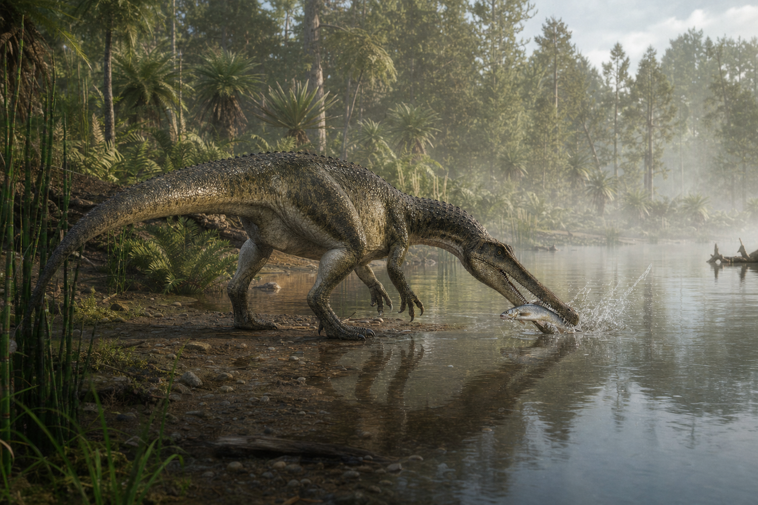 Baryonyx walkeri accroupi au bord d'une rivière du Crétacé inférieur anglais, happant un poisson de son long museau