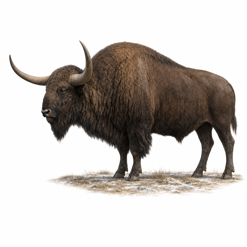 Reconstitution d'un bison des steppes, grand bovidé hirsute à bosse marquée et longues cornes écartées, debout dans un paysage de steppe enneigée du Pléistocène