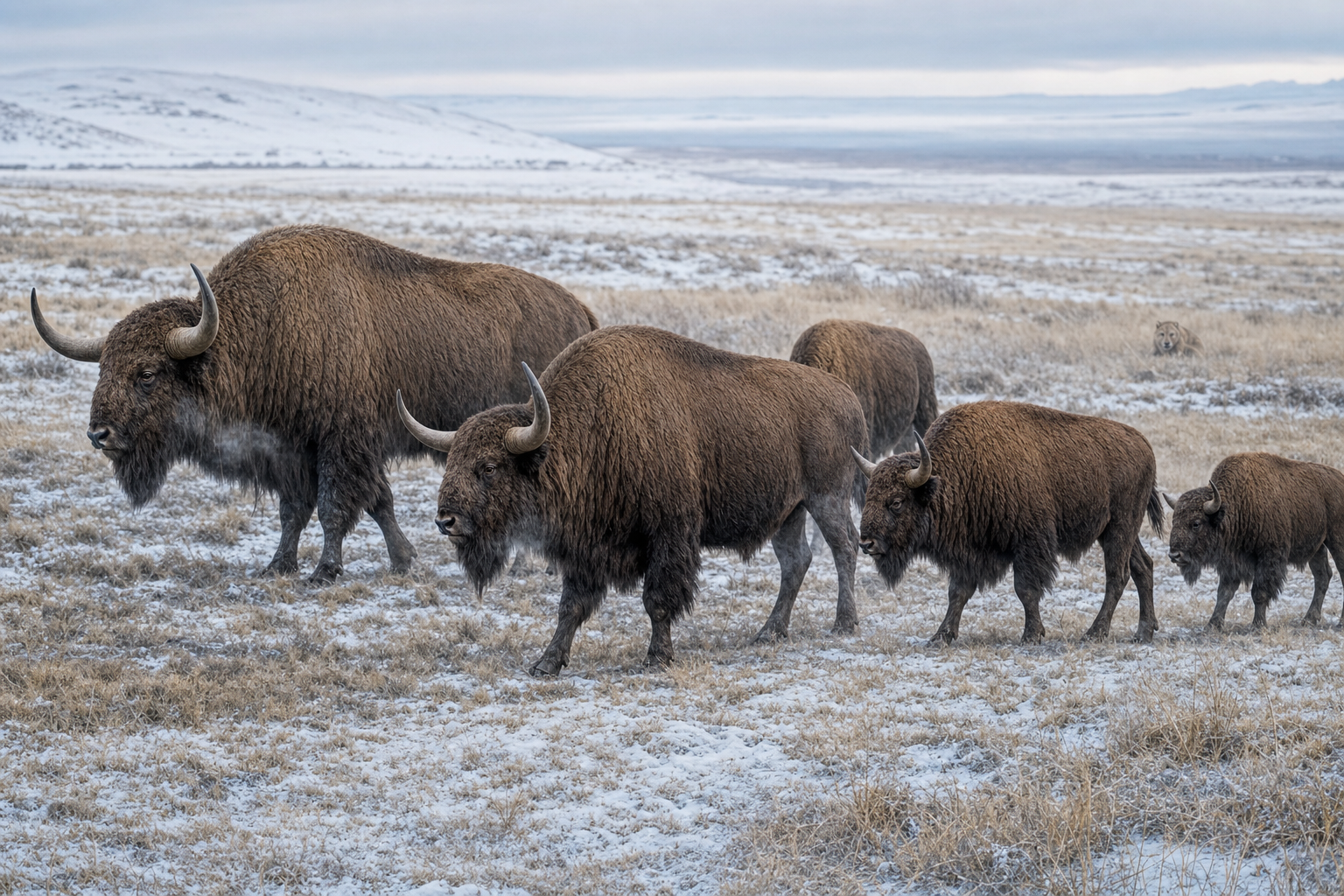 Un troupeau de bisons des steppes traversant une plaine enneigée du Pléistocène sous un ciel froid, un lion des cavernes guettant au loin