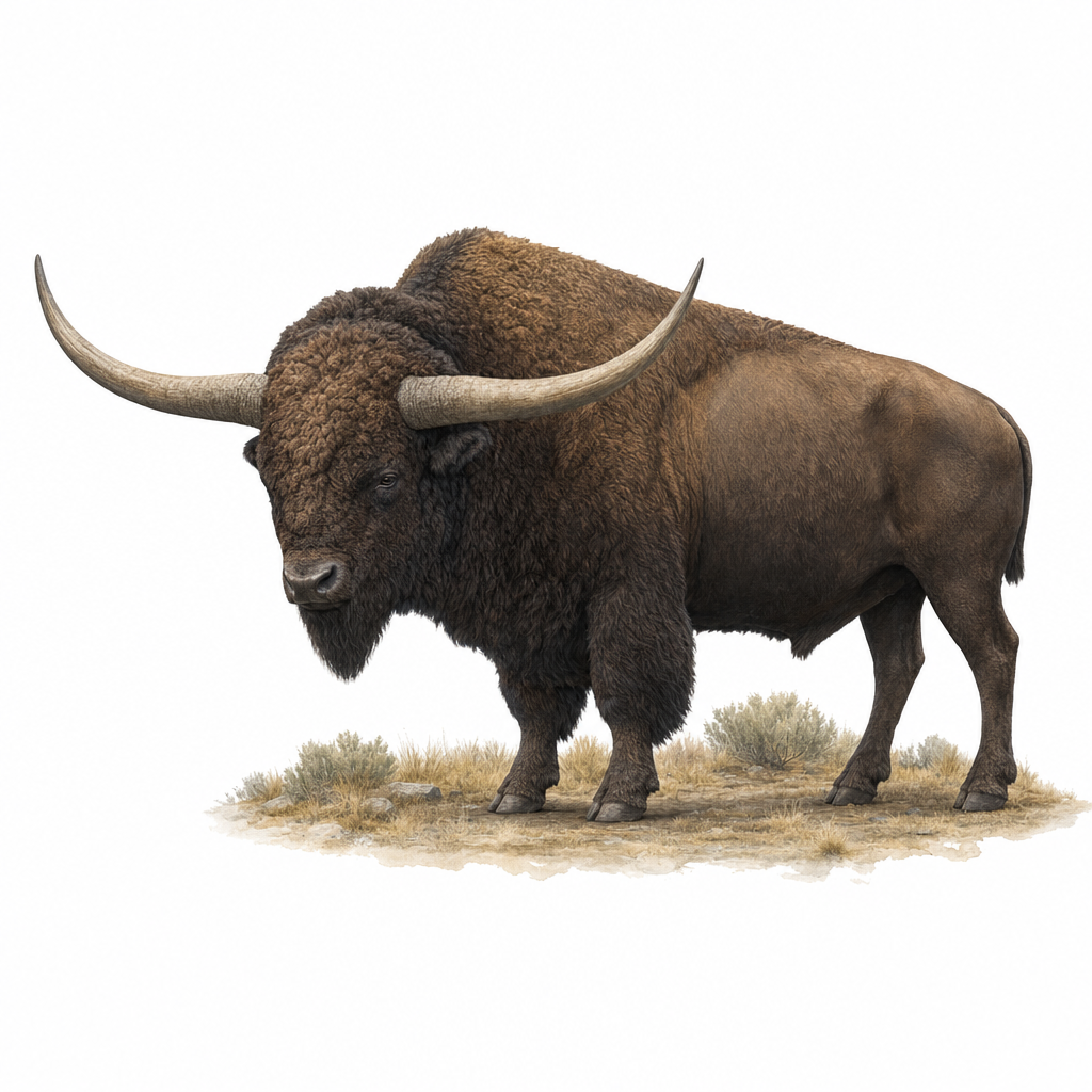 Reconstitution d'un Bison latifrons de profil sur ses quatre pattes, montrant ses cornes démesurées très écartées et sa bosse d'épaule, dans un paysage boisé d'Amérique du Nord au Pléistocène