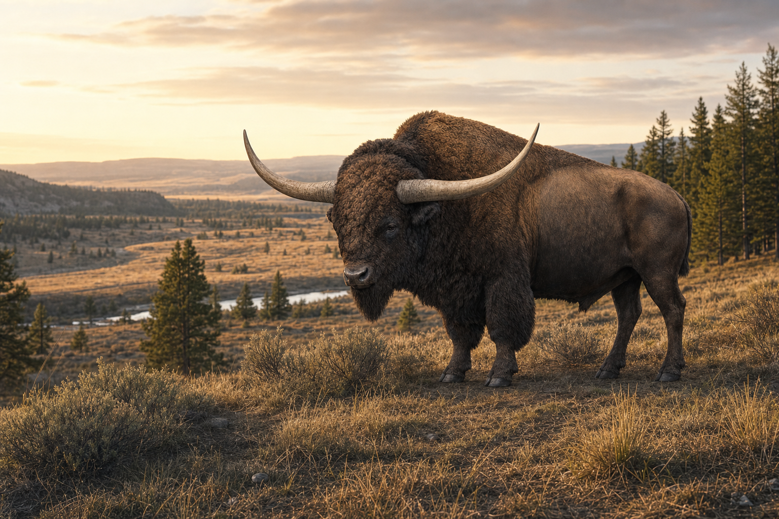 Reconstitution d'un Bison latifrons broutant en lisière d'une forêt claire d'Amérique du Nord au Pléistocène, sous une lumière de fin de journée