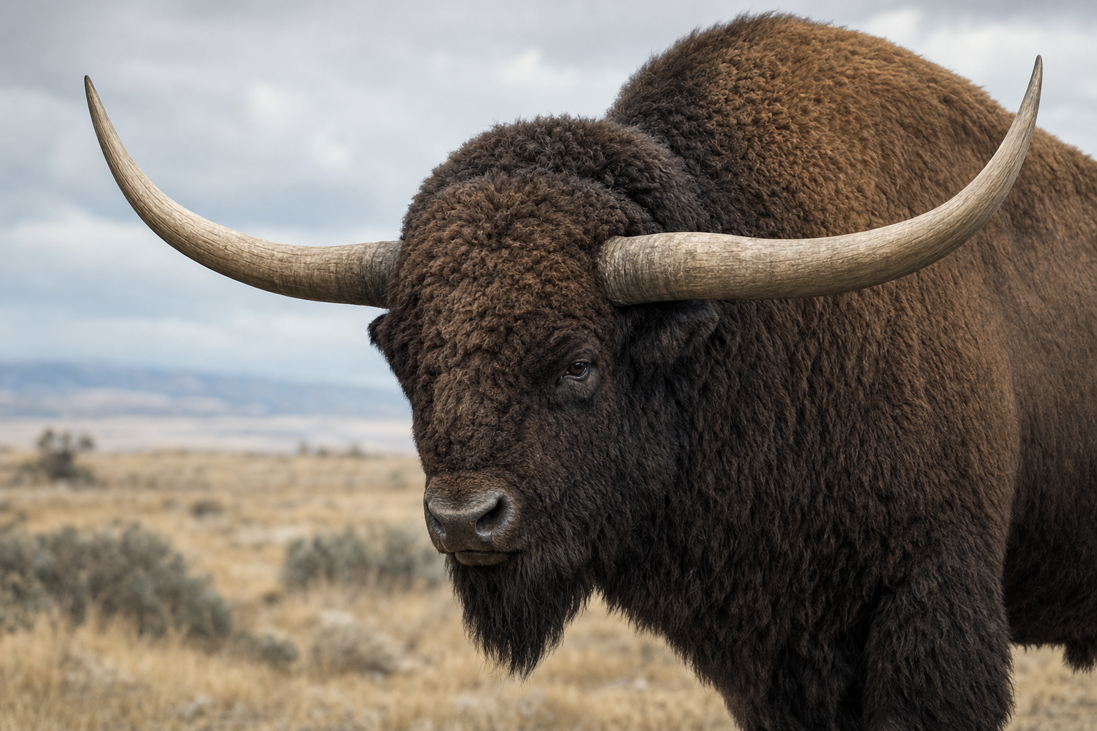 Gros plan sur la tête d'un Bison latifrons montrant l'énorme envergure de ses cornes et son large front