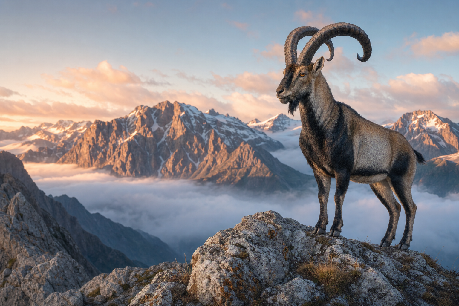 Un bouquetin des Pyrénées mâle dressé sur un éperon rocheux des Pyrénées au lever du jour, dominant les sommets enneigés