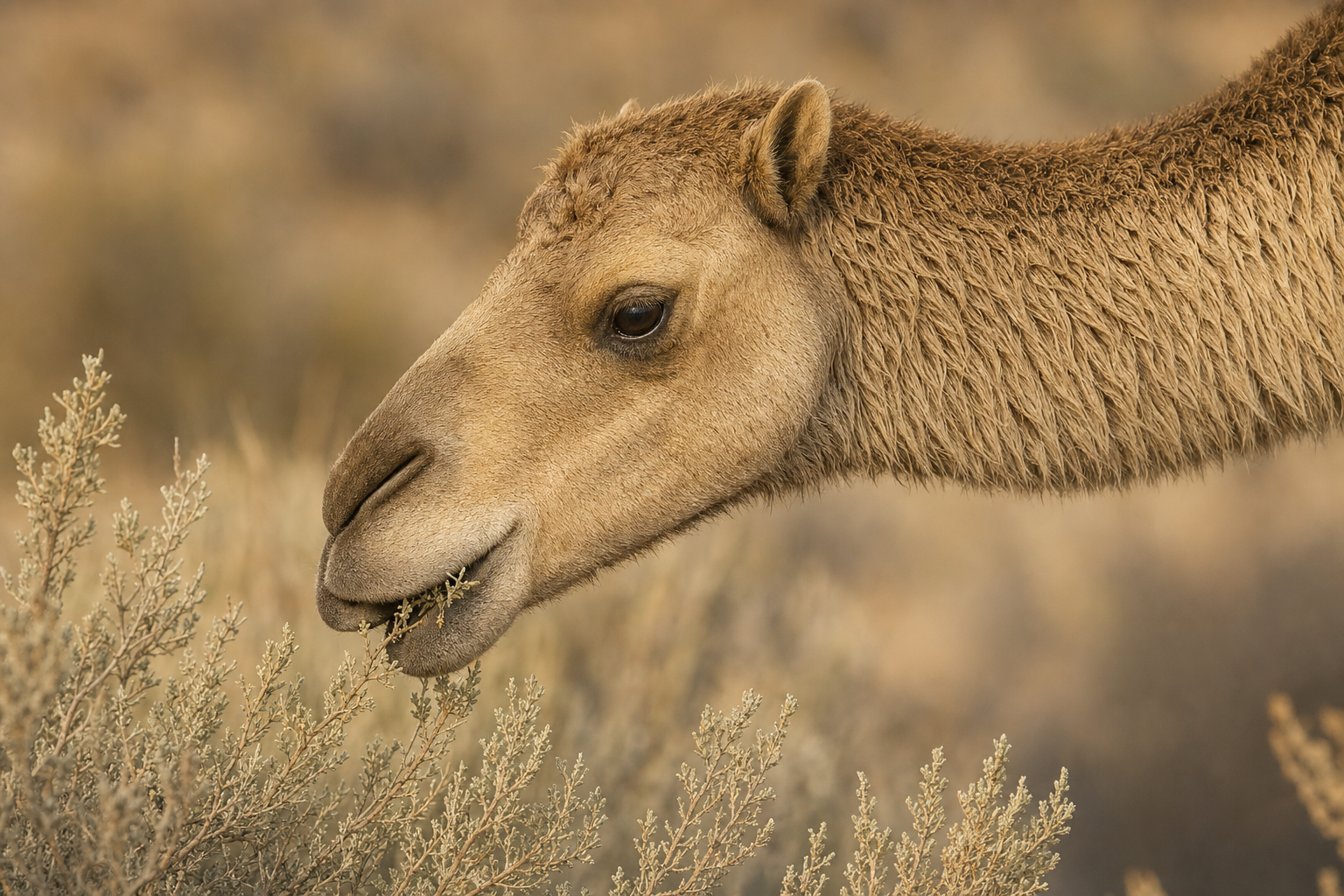 Gros plan de la tête d'un Camelops saisissant une branche d'armoise avec sa lèvre supérieure fendue