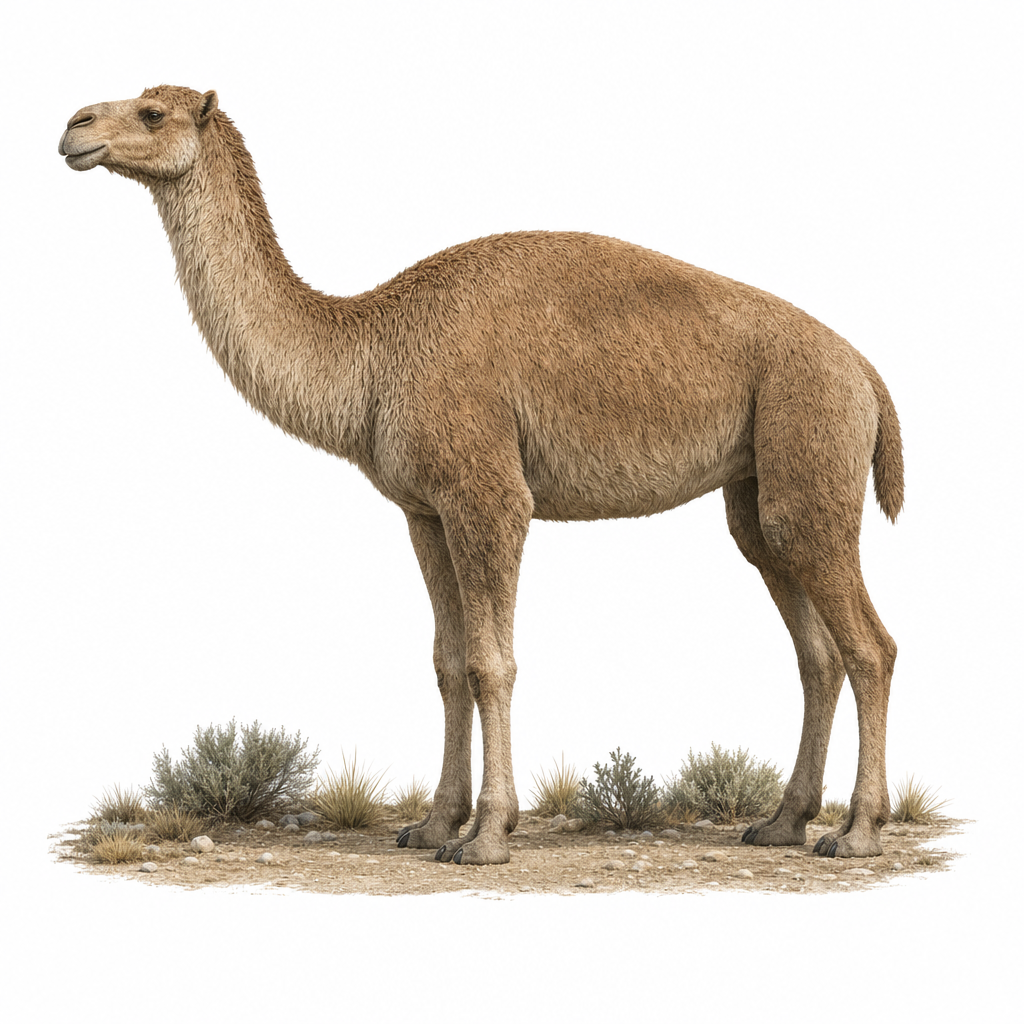Reconstitution d'un Camelops hesternus adulte, de profil, dans une steppe arbustive aride du Pléistocène nord-américain
