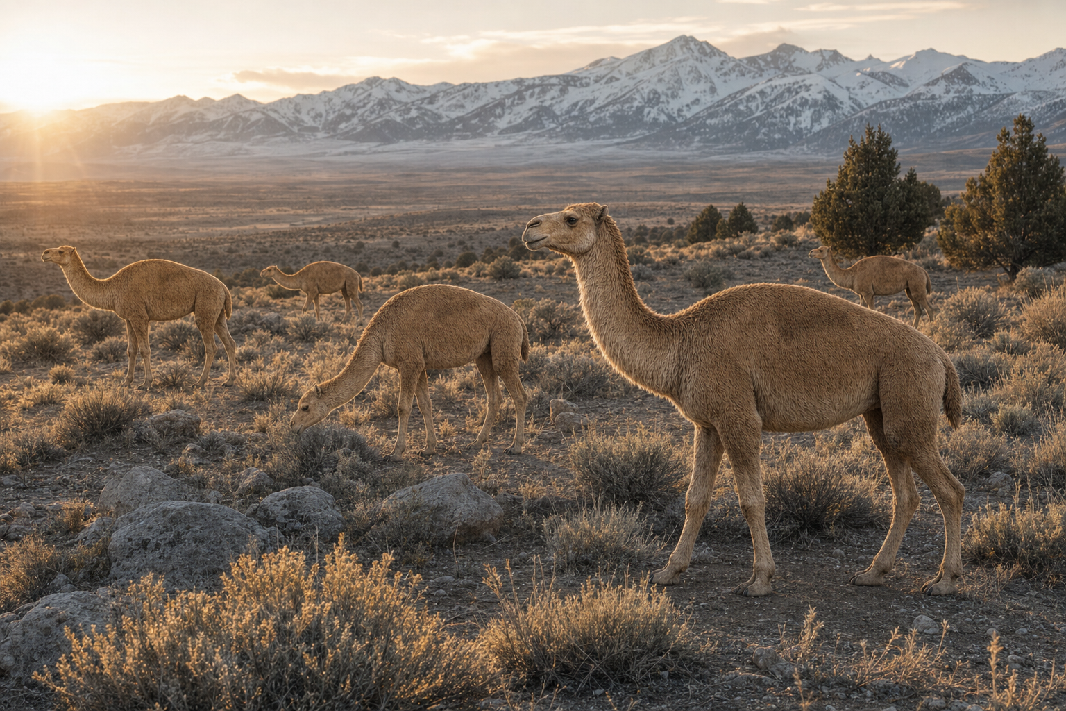 Un troupeau de Camelops dans la steppe arbustive du Pléistocène nord-américain