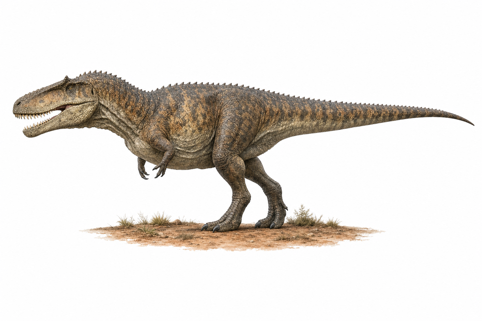 Reconstitution d'un Carcharodontosaurus, théropode géant bipède au long crâne et aux mâchoires garnies de dents en lame, dans un paysage du Crétacé d'Afrique du Nord