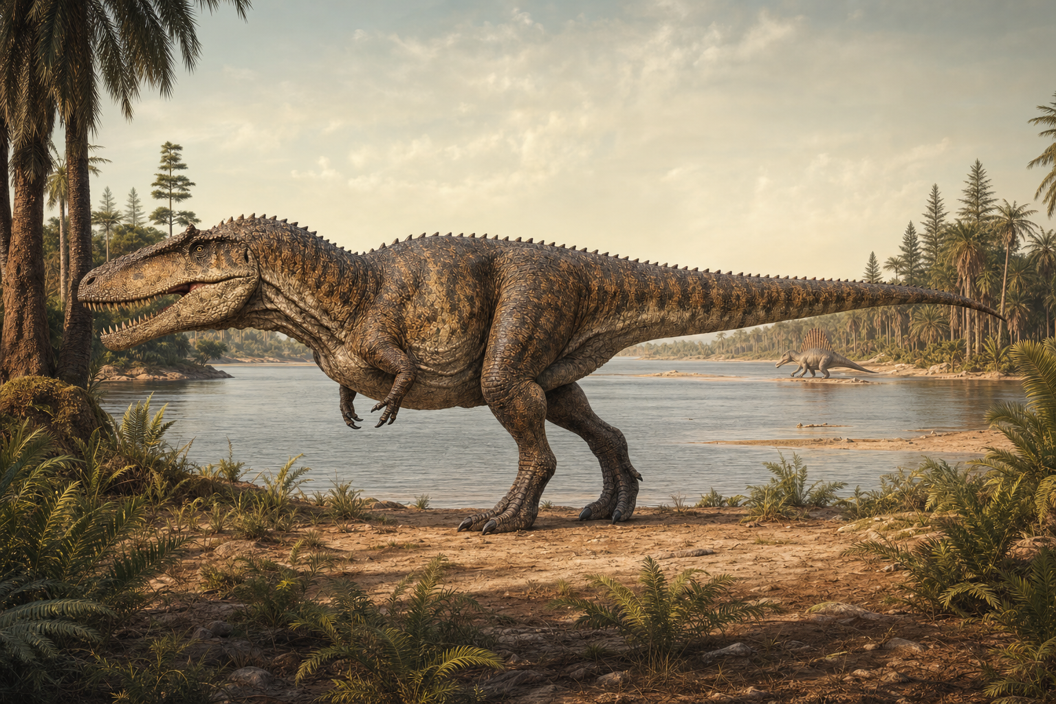 Scène d'un Carcharodontosaurus marchant au bord d'un grand fleuve du Crétacé d'Afrique du Nord, dans le delta des Kem Kem